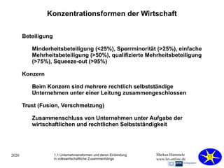 2020 Markus Hammele
www.let-online.de
Konzentrationsformen der Wirtschaft
1.1 Unternehmensformen und deren Einbindung
in volkswirtschaftliche Zusammenhänge
Beteiligung
Minderheitsbeteiligung (<25%), Sperrminorität (>25%), einfache
Mehrheitsbeteiligung (>50%), qualifizierte Mehrheitsbeteiligung
(>75%), Squeeze-out (>95%)
Konzern
Beim Konzern sind mehrere rechtlich selbstständige
Unternehmen unter einer Leitung zusammengeschlossen
Trust (Fusion, Verschmelzung)
Zusammenschluss von Unternehmen unter Aufgabe der
wirtschaftlichen und rechtlichen Selbstständigkeit
 