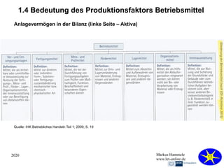 2020 Markus Hammele
www.let-online.de
1.4 Bedeutung des Produktionsfaktors Betriebsmittel
Anlagevermögen in der Bilanz (linke Seite – Aktiva)
Quelle: IHK Betriebliches Handeln Teil 1; 2009; S. 19
 