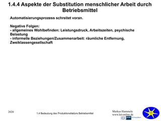 2020 Markus Hammele
www.let-online.de
1.4.4 Aspekte der Substitution menschlicher Arbeit durch
Betriebsmittel
Automatisierungsprozess schreitet voran.
Negative Folgen:
- allgemeines Wohlbefinden: Leistungsdruck, Arbeitszeiten, psychische
Belastung
- informelle Beziehungen/Zusammenarbeit: räumliche Entfernung,
Zweiklassengesellschaft
1.4 Bedeutung des Produktionsfaktors Betriebsmittel
 