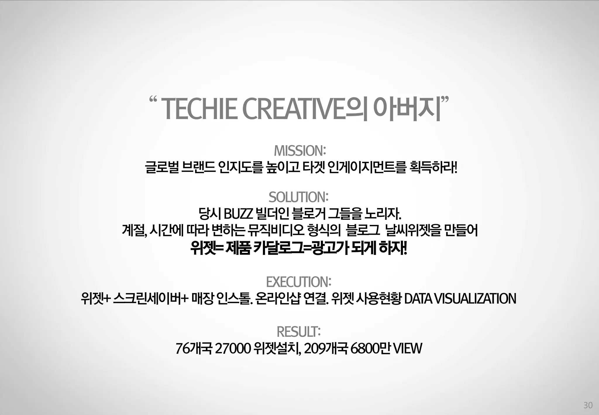 “ TECHIE CREATIVE의 아버지”
MISSION:
글로벌 브랜드 인지도를 높이고 타겟 인게이지먼트를 획득하라!
SOLUTION:
당시 BUZZ 빌더인 블로거 그들을 노리자.
계젃, 시갂에 따라 변하는 뮤직비디오 형식의 블로그 날씨위젯을 만들어

위젯= 제품 카달로그=광고가 되게 하자!
EXECUTION:
위젯+ 스크린세이버+ 매장 인스톨. 옦라인샵 연결. 위젯 사용현황 DATA VISUALIZATION
RESULT:
76개국 27000 위젯설치, 209개국 6800만 VIEW

30

 
