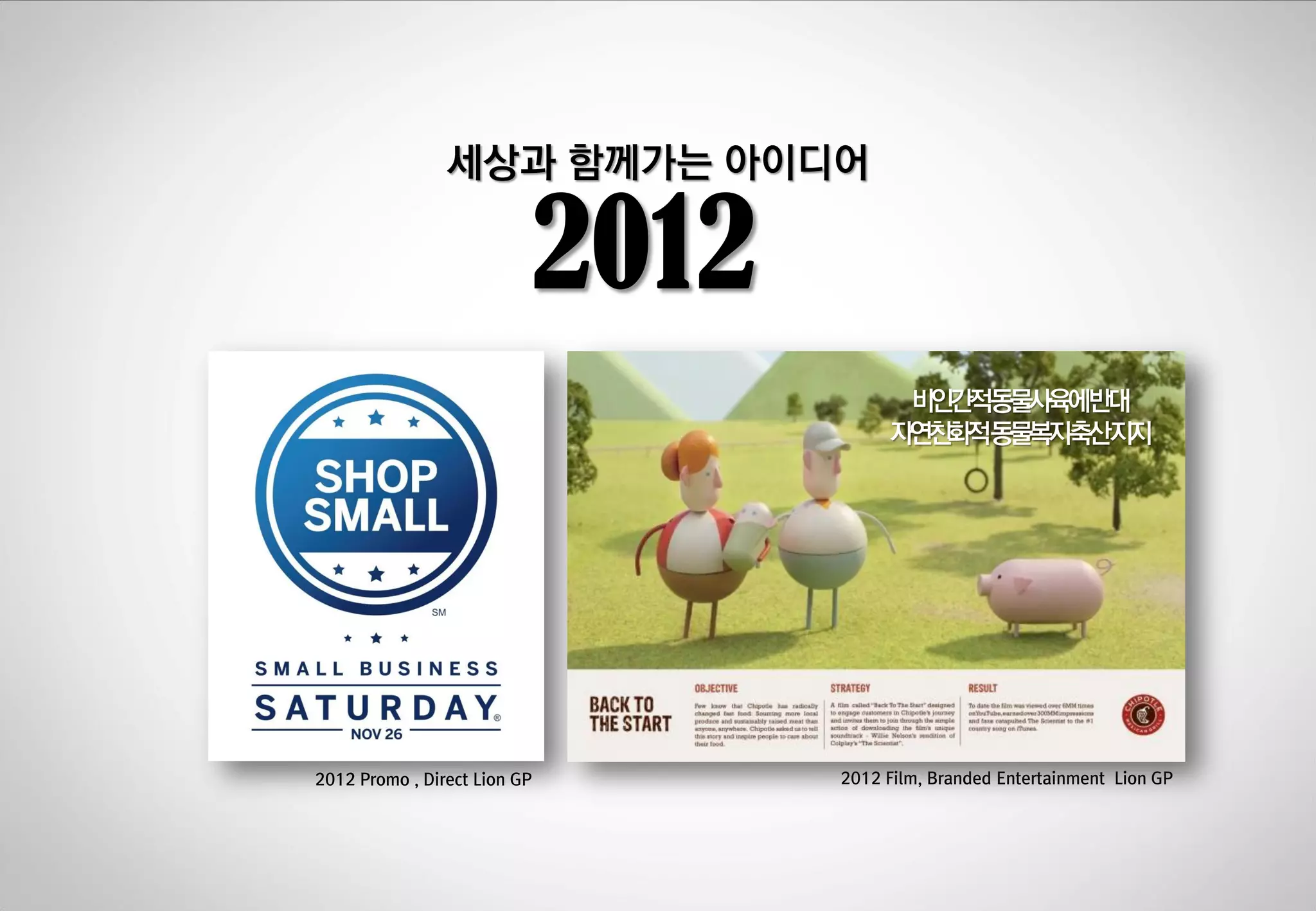 세상과 함께가는 아이디어

2012

비인갂적동물사육에반대
자연친화적동물복지축산지지

2012 Promo , Direct Lion GP

2012 Film, Branded Entertainment Lion GP

 