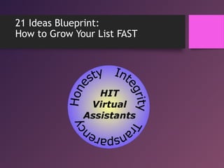 21 Ideas Blueprint:
How to Grow Your List FAST
 