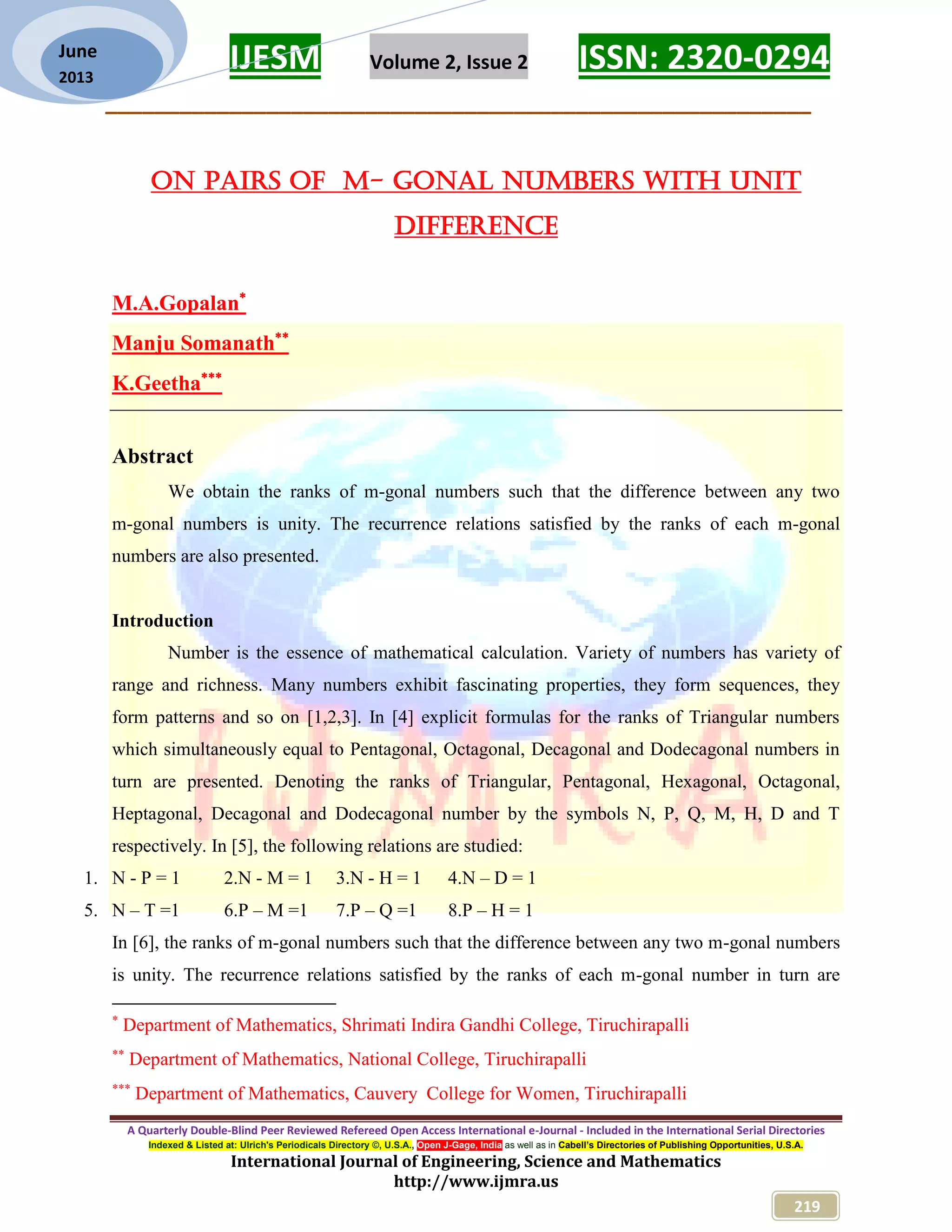 On Pairs of M- Gonal numbers with unit difference | PDF