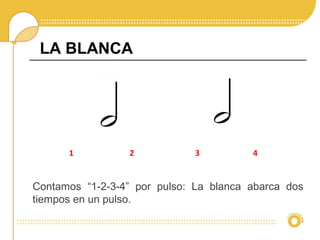 LA BLANCA
1 2 3 4
Contamos “1-2-3-4” por pulso: La blanca abarca dos
tiempos en un pulso.
 