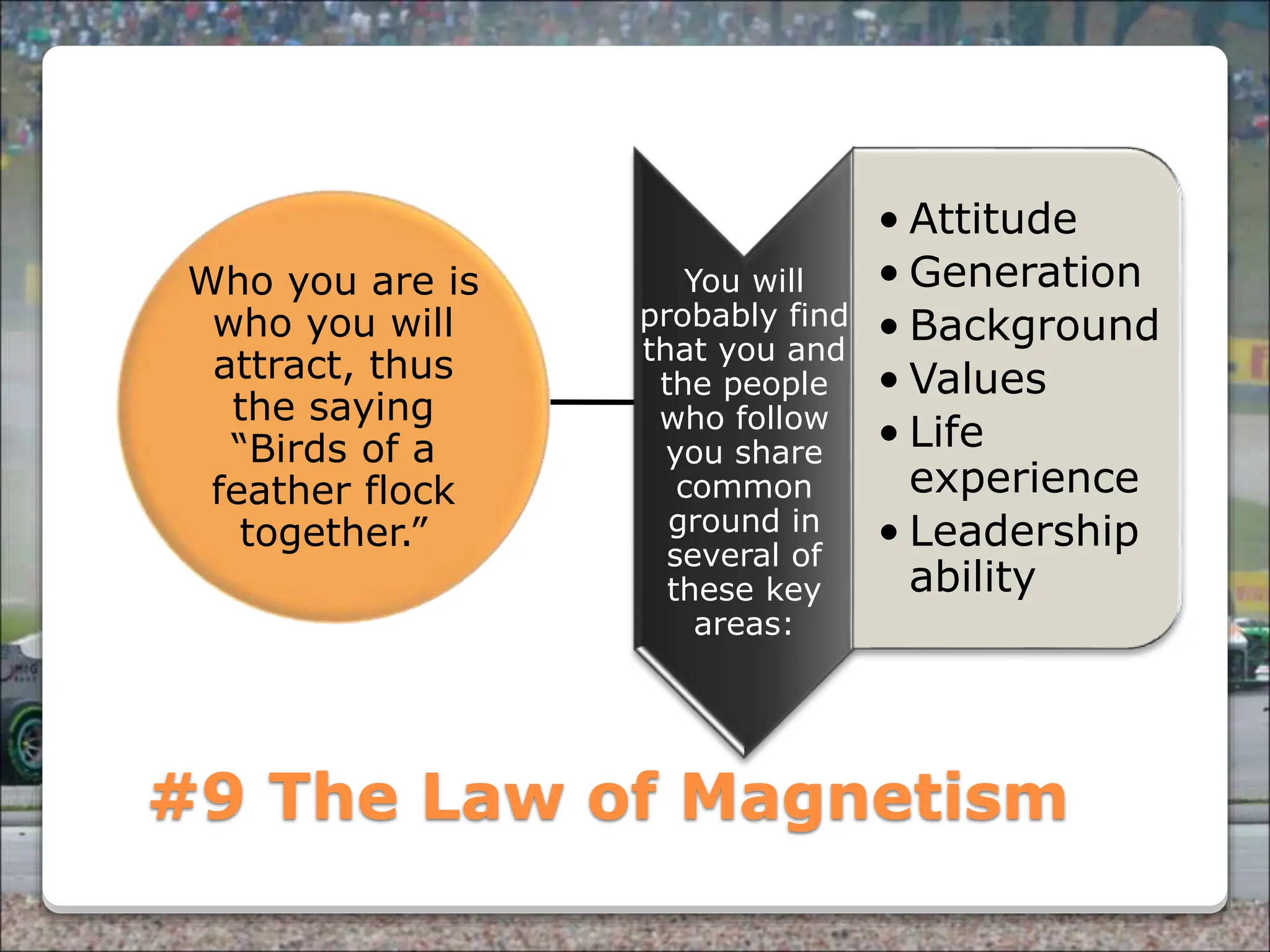 Powered By ProSlides! Presentations
#9 The Law of Magnetism
Who you are is
who you will
attract, thus
the saying
“Birds of a
feather flock
together.”
You will
probably find
that you and
the people
who follow
you share
common
ground in
several of
these key
areas:
• Attitude
• Generation
• Background
• Values
• Life
experience
• Leadership
ability
 
