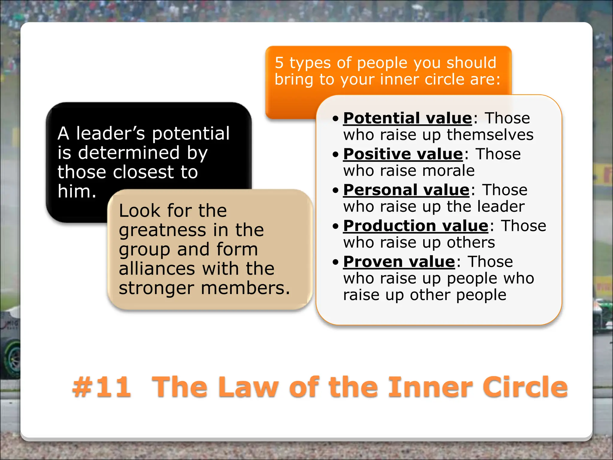 Powered By ProSlides! Presentations
#11 The Law of the Inner Circle
A leader’s potential
is determined by
those closest to
him.
Look for the
greatness in the
group and form
alliances with the
stronger members.
5 types of people you should
bring to your inner circle are:
• Potential value: Those
who raise up themselves
• Positive value: Those
who raise morale
• Personal value: Those
who raise up the leader
• Production value: Those
who raise up others
• Proven value: Those
who raise up people who
raise up other people
 