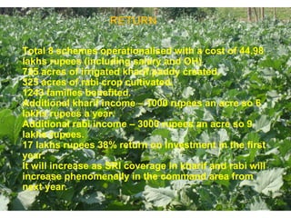Total 8 schemes operationalised with a cost of 44.98
lakhs rupees (including salary and OH)
725 acres of irrigated kharif paddy created.
325 acres of rabi crop cultivated.
1243 families benefited.
Additional kharif income – 1000 rupees an acre so 6
lakhs rupees a year.
Additional rabi income – 3000 rupees an acre so 9
lakhs rupees.
17 lakhs rupees 38% return on investment in the first
year.
It will increase as SRI coverage in kharif and rabi will
increase phenomenally in the command area from
next year.
 