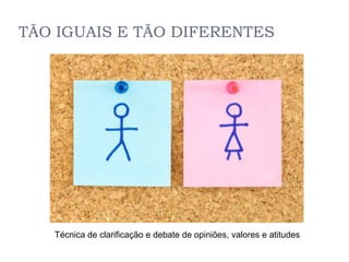 TÃO IGUAIS E TÃO DIFERENTES




   Técnica de clarificação e debate de opiniões, valores e atitudes
 