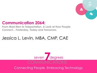 Communication 2064:
From Mad Men to Teleportation, A Look at How People
Connect…Yesterday, Today and Tomorrow.
Jessica L. Levin, MBA, CMP, CAE
Connecting People. Embracing Technology
 