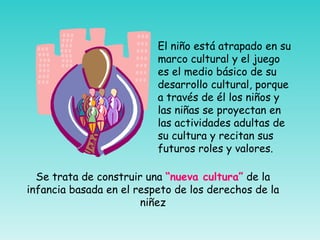 El niño está atrapado en su
                          marco cultural y el juego
                          es el medio básico de su
                          desarrollo cultural, porque
                          a través de él los niños y
                          las niñas se proyectan en
                          las actividades adultas de
                          su cultura y recitan sus
                          futuros roles y valores.

  Se trata de construir una “nueva cultura” de la
infancia basada en el respeto de los derechos de la
                       niñez
 