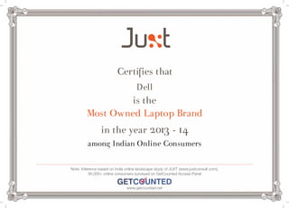 Certifies that 
Dell 
is the 
Most Owned Laptop Brand 
in the year 2013 - 14 
among Indian Online Consumers 
Note: Inference based on India online landscape study of JUXT (www.juxtconsult.com), 
36,000+ online consumers surveyed on GetCounted Access Panel 
www.getcounted.net 
