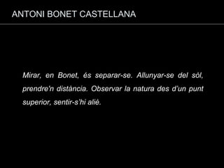 ANTONI BONET CASTELLANA Mirar, en Bonet, és separar-se. Allunyar-se del sòl, prendre'n distància. Observar la natura des d’un punt superior, sentir-s’hi aliè. 