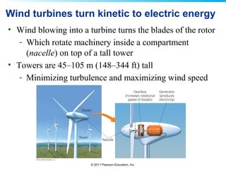 © 2011 Pearson Education, Inc.
Wind turbines turn kinetic to electric energy
• Wind blowing into a turbine turns the blades of the rotor
- Which rotate machinery inside a compartment
(nacelle) on top of a tall tower
• Towers are 45–105 m (148–344 ft) tall
- Minimizing turbulence and maximizing wind speed
 