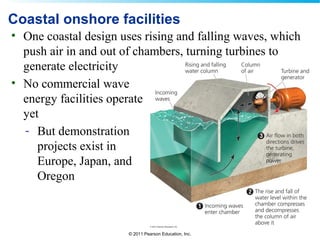 © 2011 Pearson Education, Inc.
Coastal onshore facilities
• One coastal design uses rising and falling waves, which
push air in and out of chambers, turning turbines to
generate electricity
• No commercial wave
energy facilities operate
yet
- But demonstration
projects exist in
Europe, Japan, and
Oregon
 