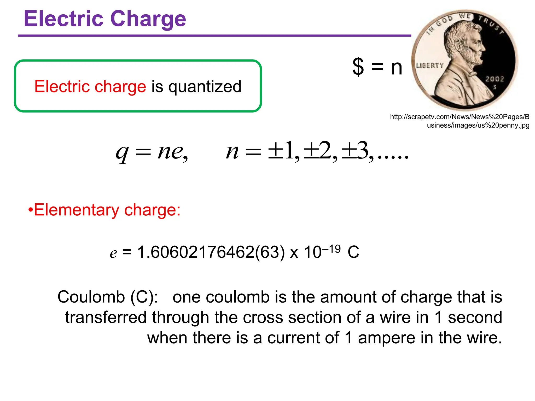 Electric Charge
Electric charge is quantized
•Elementary charge:
q = ne, n = 1,2,3,.....
e = 1.60602176462(63) x 10–19 C
Coulomb (C): one coulomb is the amount of charge that is
transferred through the cross section of a wire in 1 second
when there is a current of 1 ampere in the wire.
$ = n
http://scrapetv.com/News/News%20Pages/B
usiness/images/us%20penny.jpg
 