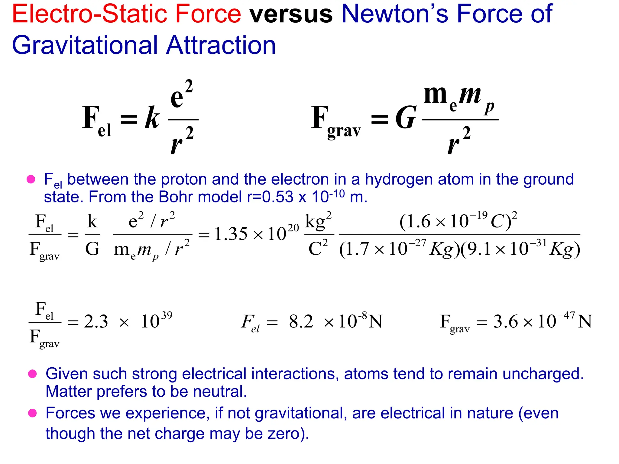 Electro-Static Force versus Newton’s Force of
Gravitational Attraction
⚫ Given such strong electrical interactions, atoms tend to remain uncharged.
Matter prefers to be neutral.
⚫ Forces we experience, if not gravitational, are electrical in nature (even
though the net charge may be zero).
2
e
grav
2
2
el
m
F
e
F
r
m
G
r
k
p
=
=
Fel
Fgrav
=
k
G
e2
/ r2
memp / r2
= 1.35 1020 kg2
C2
(1.6 10−19
C)2
(1.7 10−27
Kg)(9.110−31
Kg)
Fel
Fgrav
= 2.3  1039
Fel = 8.2 10-8
N Fgrav = 3.6 10−47
N
⚫ Fel between the proton and the electron in a hydrogen atom in the ground
state. From the Bohr model r=0.53 x 10-10 m.
 