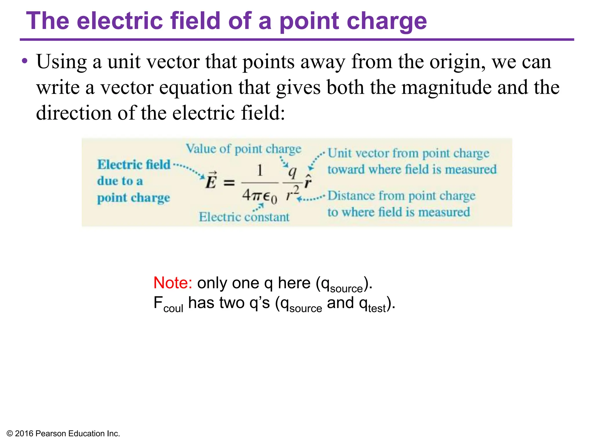 The electric field of a point charge
• Using a unit vector that points away from the origin, we can
write a vector equation that gives both the magnitude and the
direction of the electric field:
© 2016 Pearson Education Inc.
Note: only one q here (qsource).
Fcoul has two q’s (qsource and qtest).
 
