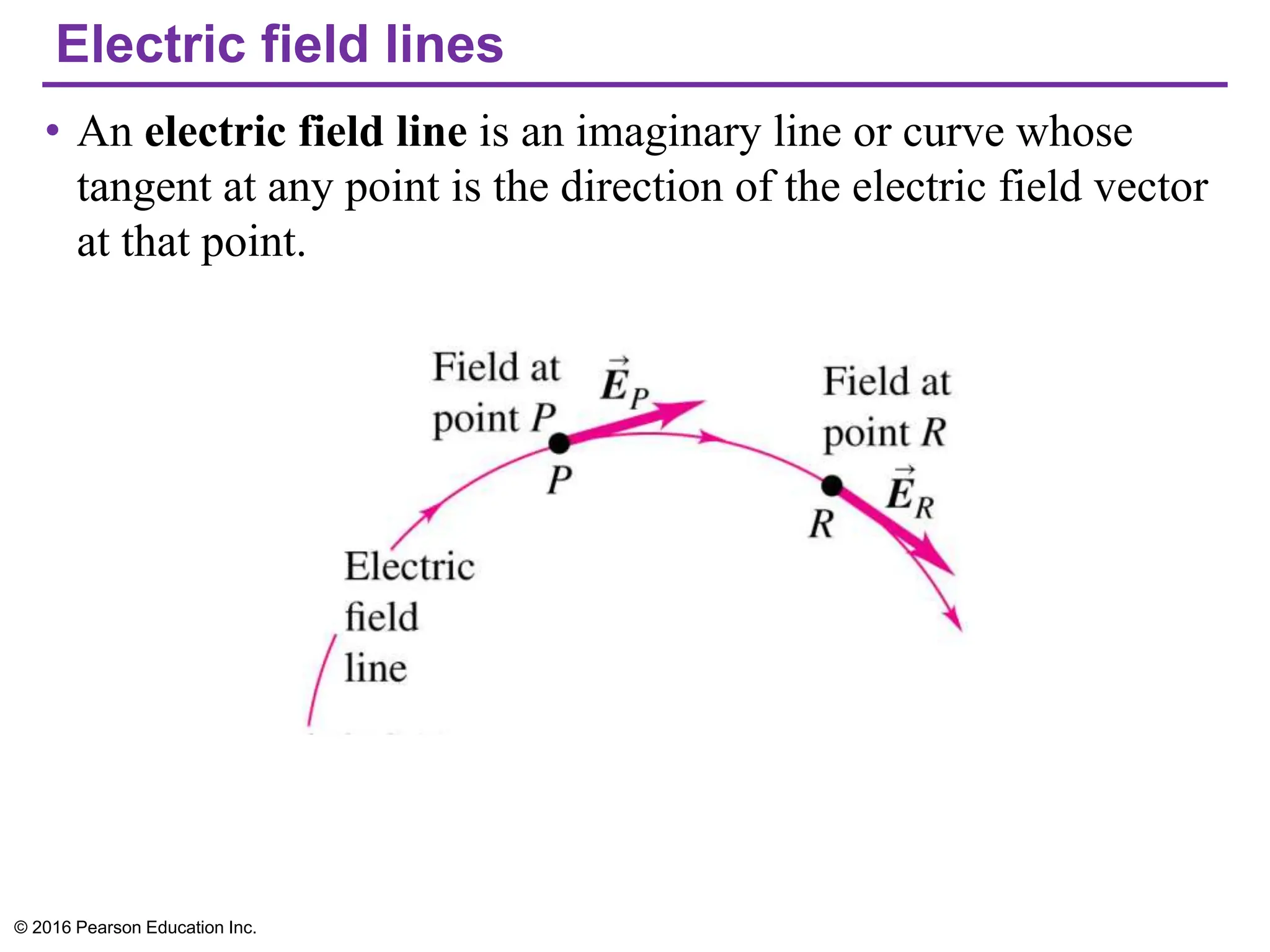 Electric field lines
• An electric field line is an imaginary line or curve whose
tangent at any point is the direction of the electric field vector
at that point.
© 2016 Pearson Education Inc.
 