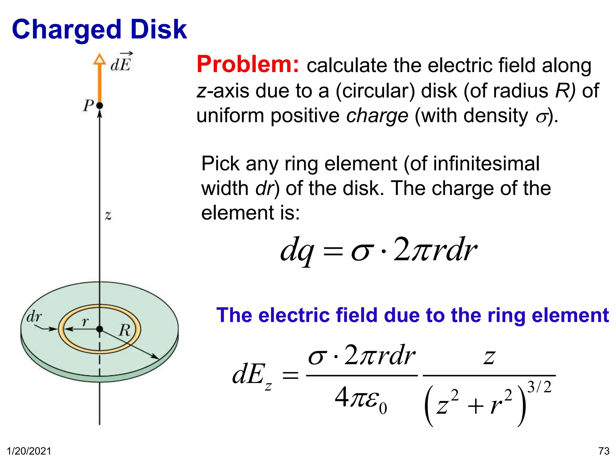 1/20/2021 73
Charged Disk
Problem: calculate the electric field along
z-axis due to a (circular) disk (of radius R) of
uniform positive charge (with density ).
Pick any ring element (of infinitesimal
width dr) of the disk. The charge of the
element is:
The electric field due to the ring element
2
dq rdr
 
= 
( )
3/2
2 2
0
2
4
z
rdr z
dE
z r
 


=
+
 