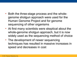 • Both the three-stage process and the whole-
genome shotgun approach were used for the
Human Genome Project and for genome
sequencing of other organisms
• At first many scientists were skeptical about the
whole-genome shotgun approach, but it is now
widely used as the sequencing method of choice
• The development of newer sequencing
techniques has resulted in massive increases in
speed and decreases in cost
© 2011 Pearson Education, Inc.
 