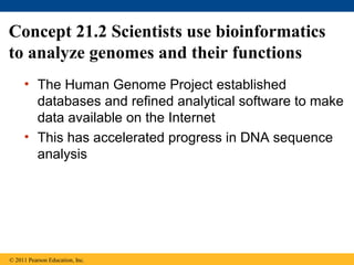Concept 21.2 Scientists use bioinformatics
to analyze genomes and their functions
• The Human Genome Project established
databases and refined analytical software to make
data available on the Internet
• This has accelerated progress in DNA sequence
analysis
© 2011 Pearson Education, Inc.
 