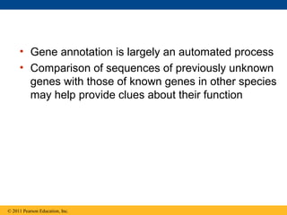 • Gene annotation is largely an automated process
• Comparison of sequences of previously unknown
genes with those of known genes in other species
may help provide clues about their function
© 2011 Pearson Education, Inc.
 