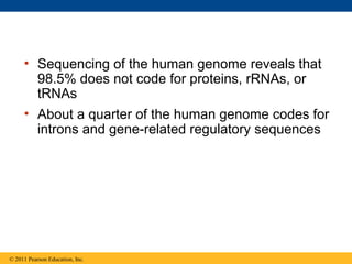 • Sequencing of the human genome reveals that
98.5% does not code for proteins, rRNAs, or
tRNAs
• About a quarter of the human genome codes for
introns and gene-related regulatory sequences
© 2011 Pearson Education, Inc.
 