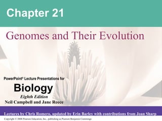 Chapter 21

 Genomes and Their Evolution


PowerPoint® Lecture Presentations for

        Biology
       Eighth Edition
Neil Campbell and Jane Reece

Lectures by Chris Romero, updated by Erin Barley with contributions from Joan Sharp
Copyright © 2008 Pearson Education, Inc., publishing as Pearson Benjamin Cummings
 