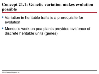 © 2014 Pearson Education, Inc.
 Variation in heritable traits is a prerequisite for
evolution
 Mendel’s work on pea plants provided evidence of
discrete heritable units (genes)
Concept 21.1: Genetic variation makes evolution
possible
 