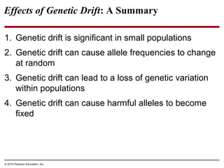 © 2014 Pearson Education, Inc.
Effects of Genetic Drift: A Summary
1. Genetic drift is significant in small populations
2. Genetic drift can cause allele frequencies to change
at random
3. Genetic drift can lead to a loss of genetic variation
within populations
4. Genetic drift can cause harmful alleles to become
fixed
 