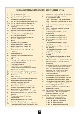 43
PRINCIPAUX SYMBOLES ET NOTATIONS DE L’EUROCODE BÉTON
A Aire de la section droite
Ac Aire de la section droite du béton
Ap Aire de la section de l’armature
ou des armatures de précontrainte
As Aire de la section des armatures de béton armé
As,min Aire de la section minimale d’armatures
Asw Aire de la section des armatures d’effort
tranchant
Ec, Ec(28) Module d’élasticité tangent à l’origine
Ecd Valeur de calcul du module d’élasticité du
béton
Ep Valeur de calcul du module d’élasticité
de l’acier de précontrainte
Es Valeur de calcul du module d’élasticité
de l’acier de béton armé
F Action
Fd Valeur de calcul d’une action
Fk Valeur caractéristique d’une action
Gk Valeur caractéristique d’une action
permanente
I Moment d’inertie de la section de béton
L Longueur
M Moment fléchissant
MEd Valeur de calcul du moment fléchissant
agissant
N Effort normal
NEd Valeur de calcul de l’effort normal agissant
(traction ou compression)
P Force de précontrainte
Po Force initiale à l’extrémité active de
l’armature de précontrainte immédiatement
après la mise en tension
Qk Valeur caractéristique d’une action variable
Qfat Valeur caractéristique de la charge de fatigue
R Résistance
V Effort tranchant
VEd Valeur de calcul de l’effort tranchant agissant
fc Résistance en compression du béton
fcd Valeur de calcul de la résistance
en compression du béton
fck Résistance caractéristique en compression
du béton, mesurée sur cylindre à 28 jours
fcm Valeur moyenne de la résistance en
compression du béton, mesurée sur cylindre
fctk Résistance caractéristique en traction directe
du béton
fp Résistance en traction de l’acier de
précontrainte
fpk Résistance caractéristique en traction
de l’acier de précontrainte
f0,2k Valeur caractéristique de la limite d’élasticité
conventionnelle à 0,2 % de l’acier de béton armé
ft Résistance en traction de l’acier de béton armé
ftk Résistance caractéristique en traction
de l’acier de béton armé
fy Limite d’élasticité de l’acier de béton armé
fyd Limite d’élasticité de calcul de l’acier de béton
armé
fyk Limite caractéristique d’élasticité de l’acier de
béton armé
fywd Limite d’élasticité de calcul des armatures
d’effort tranchant
γA Coefficient partiel relatif aux actions
accidentelles A
γC Coefficient partiel relatif au béton
γF Coefficient partiel relatif aux actions F
γC,fat Coefficient partiel relatif aux actions
de fatigue
γG Coefficient partiel relatif aux actions
permanentes G
γM Coefficient partiel relatif à une propriété
d’un matériau
γP Coefficient partiel relatif aux actions
associées à la précontrainte P
γQ Coefficient partiel relatif aux actions
variables Q
γS Coefficient partiel relatif à l’acier de béton
armé ou de précontrainte
εc Déformation relative en compression du béton
εcu Déformation relative ultime du béton en
compression
εu Déformation relative de l’acier de béton armé
ou de précontrainte sous charge maximale
εuk Valeur caractéristique de la déformation
relative de l’acier de béton armé ou de
précontrainte sous charge maximale
ν Coefficient de Poisson
ρw Pourcentage d’armatures longitudinales
Pw Pourcentage d’armartures d’effort tranchant
σc Contrainte de compression dans le béton
σcp Contrainte de compression dans le béton due
à une effort normal ou à la précontrainte
τ Contrainte tangente de torsion
Ø Diamètre d’une barre d’armature ou d’une
gaine de précontrainte
ϕ(t,to) Coefficient de fluage, définissant le fluage
entre les temps t et to, par rapport à la
déformation élastique à 28 jours
ϕ(∞,to)Valeur finale du coefficient de fluage
ψ Coefficients définissant les valeurs
représentatives des actions variables
ψo pour les valeurs de combinaison
ψ1 pour les valeurs fréquentes
ψ2 pour les valeurs quasi-permanentes
 