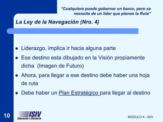 “Cualquiera puede gobernar un barco, pero se
                               necesita de un líder que planee la Ruta”

     La Ley de la Navegación (Nro. 4)



        Liderazgo, implica ir hacia alguna parte
        Ese destino esta dibujado en la Visión propiamente
         dicha (Imagen de Futuro)
        Ahora, para llegar a ese destino debe haber una hoja
         de ruta
        Debe haber un Plan Estratégico para llegar al destino



10                                                         MODULO 4 - ISIV
 