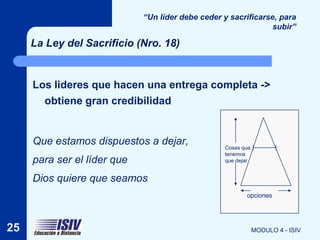 “Un líder debe ceder y sacrificarse, para
                                                                subir”

     La Ley del Sacrificio (Nro. 18)


     Los lideres que hacen una entrega completa ->
       obtiene gran credibilidad


     Que estamos dispuestos a dejar,              Cosas que
                                                  tenemos
     para ser el líder que                        que dejar


     Dios quiere que seamos
                                                         opciones




25                                                            MODULO 4 - ISIV
 