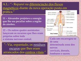 A.L.: “- Reparei na diferenciação dos fluxos
magnéticos diante da nova operação posta em
prática.”
11 – Alexandre projetava a energia
que lhe era peculiar sobre a região
do cérebro.
12 – Os outros quatro assistentes
lançavam os recursos que lhes eram
próprios sobre todo
o sistema nervoso central. Cada um encarregou-se
de uma
determinada zona dos
nervos
cervicais, dorsais,
lombares e sacros.
“- Via, espantado, os resíduos
escuros que lhes eram
arrancados dos centros vitais.”
 