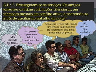 A.L.: “- Prosseguiam-se os serviços. Os amigos
terrestres emitiam solicitações silenciosas, em
vibrações mentais em conflito ativo, desservindo ao
invés de auxiliar no trabalho da noite.”
Pai, permita
que o meu
falecido
marido venha
hoje...
Seria bom termos pelo menos
uns três ou quatro objetos
materializados essa noite.
Precisamos de provas!
Mês
passado
foi fraco...
Ah,
mamãe...
Que
saudades!
 
