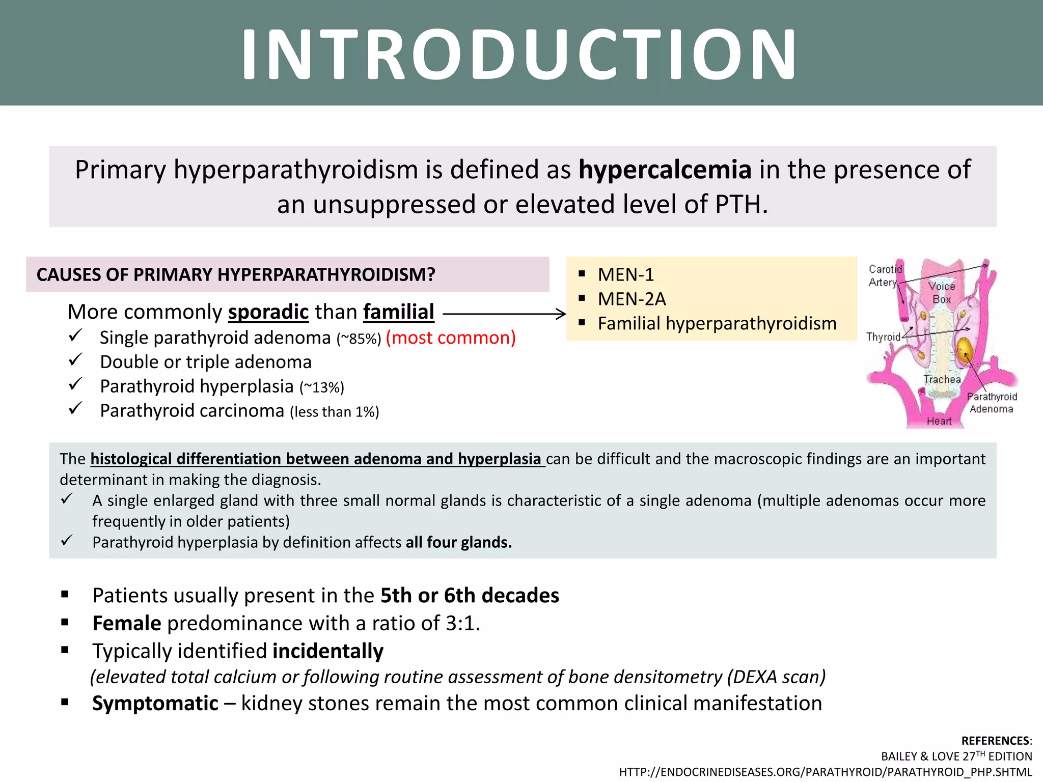 PARATHYROID GLANDSINTRODUCTION
Primary hyperparathyroidism is defined as hypercalcemia in the presence of
an unsuppressed or elevated level of PTH.
CAUSES OF PRIMARY HYPERPARATHYROIDISM?
More commonly sporadic than familial
 Single parathyroid adenoma (~85%) (most common)
 Double or triple adenoma
 Parathyroid hyperplasia (~13%)
 Parathyroid carcinoma (less than 1%)
 MEN-1
 MEN-2A
 Familial hyperparathyroidism
 Patients usually present in the 5th or 6th decades
 Female predominance with a ratio of 3:1.
 Typically identified incidentally
(elevated total calcium or following routine assessment of bone densitometry (DEXA scan)
 Symptomatic – kidney stones remain the most common clinical manifestation
The histological differentiation between adenoma and hyperplasia can be difficult and the macroscopic findings are an important
determinant in making the diagnosis.
 A single enlarged gland with three small normal glands is characteristic of a single adenoma (multiple adenomas occur more
frequently in older patients)
 Parathyroid hyperplasia by definition affects all four glands.
REFERENCES:
BAILEY & LOVE 27TH EDITION
HTTP://ENDOCRINEDISEASES.ORG/PARATHYROID/PARATHYROID_PHP.SHTML
 