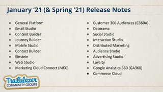 January ‘21 (& Spring ‘21) Release Notes
● General Platform
● Email Studio
● Content Builder
● Journey Builder
● Mobile Studio
● Contact Builder
● Einstein
● Web Studio
● Marketing Cloud Connect (MCC)
● Customer 360 Audiences (C360A)
● Datorama
● Social Studio
● Interaction Studio
● Distributed Marketing
● Audience Studio
● Advertising Studio
● Loyalty
● Google Analytics 360 (GA360)
● Commerce Cloud
 