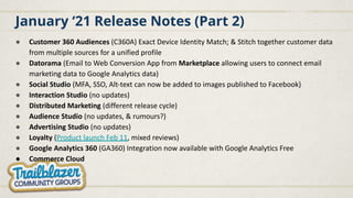 January ‘21 Release Notes (Part 2)
● Customer 360 Audiences (C360A) Exact Device Identity Match; & Stitch together customer data
from multiple sources for a unified profile
● Datorama (Email to Web Conversion App from Marketplace allowing users to connect email
marketing data to Google Analytics data)
● Social Studio (MFA, SSO, Alt-text can now be added to images published to Facebook)
● Interaction Studio (no updates)
● Distributed Marketing (different release cycle)
● Audience Studio (no updates, & rumours?)
● Advertising Studio (no updates)
● Loyalty (Product launch Feb 11, mixed reviews)
● Google Analytics 360 (GA360) Integration now available with Google Analytics Free
● Commerce Cloud
 