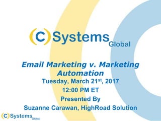 Email Marketing v. Marketing
Automation
Tuesday, March 21st, 2017
12:00 PM ET
Presented By
Suzanne Carawan, HighRoad Solution
 