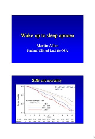 Wake up to sleep apnoea
        Martin Allen
  National Clinical Lead for OSA




     SDB and mortality
                      N=6,294 with 1,047 deaths
                      in 8.2 years




                                                  1
 