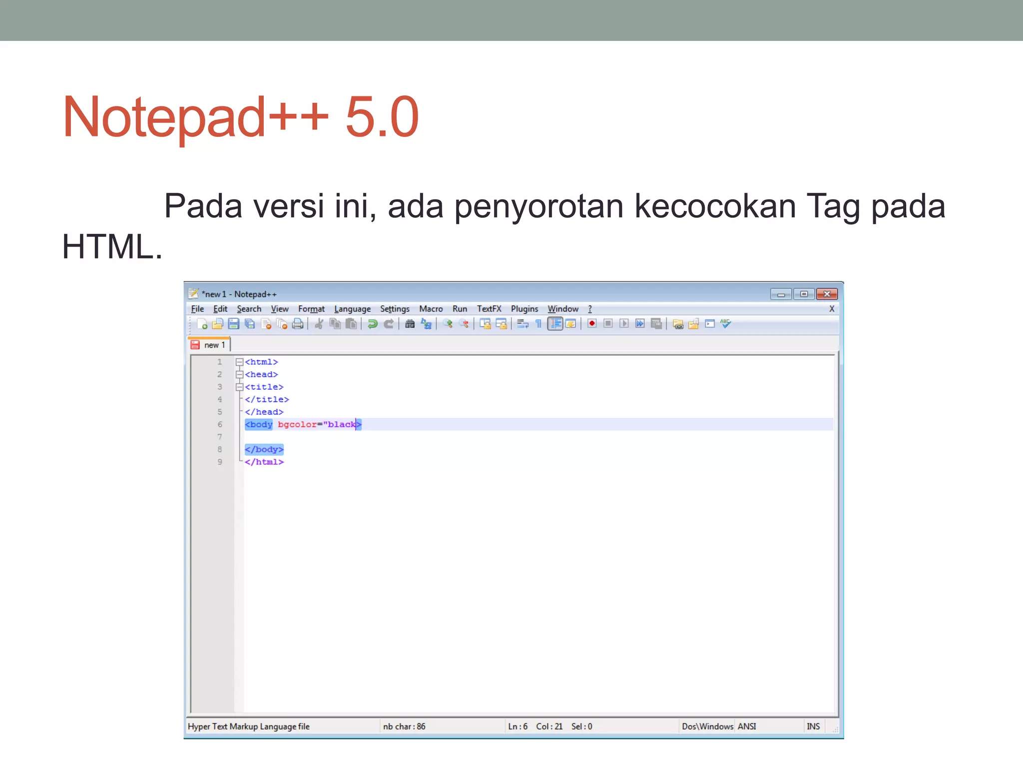 Notepad++ 5.0 
Pada versi ini, ada penyorotan kecocokan Tag pada 
HTML. 
 
