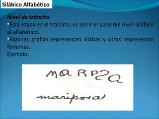 Silábico Alfabético
Nivel de tránsito
•Esta etapa es el tránsito, es decir el paso del nivel silábico
al alfabético.
•Algunas grafías representan sílabas y otras representan
fonemas.
Ejemplo:
 