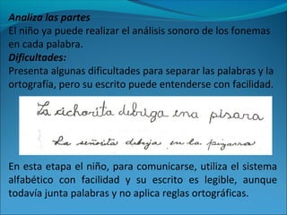 Analiza las partes
El niño ya puede realizar el análisis sonoro de los fonemas
en cada palabra.
Dificultades:
Presenta algunas dificultades para separar las palabras y la
ortografía, pero su escrito puede entenderse con facilidad.
En esta etapa el niño, para comunicarse, utiliza el sistema
alfabético con facilidad y su escrito es legible, aunque
todavía junta palabras y no aplica reglas ortográficas.
 