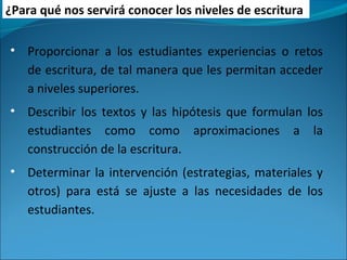 • Proporcionar a los estudiantes experiencias o retos
de escritura, de tal manera que les permitan acceder
a niveles superiores.
• Describir los textos y las hipótesis que formulan los
estudiantes como como aproximaciones a la
construcción de la escritura.
• Determinar la intervención (estrategias, materiales y
otros) para está se ajuste a las necesidades de los
estudiantes.
¿Para qué nos servirá conocer los niveles de escritura
 