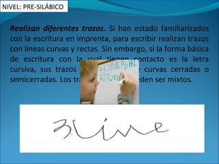 Realizan diferentes trazos. Si han estado familiarizados
con la escritura en imprenta, para escribir realizan trazos
con líneas curvas y rectas. Sin embargo, si la forma básica
de escritura con la cual tienen contacto es la letra
cursiva, sus trazos tienen forma de curvas cerradas o
semicerradas. Los trazos también pueden ser mixtos.
NIVEL: PRE-SILÁBICO
 