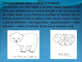 Correspondencia entre el dibujo y el objeto:
Sus escritos son más largos y ocupan mayor espacio si se
trata por ejemplo de un animal grande o de una persona
de mayor edad; y a la inversa si escriben el nombre de un
animal pequeño o de un bebé o niño, hacen menos trazos
o grafías (Elefante – hormiga) (Oso – pato) (Anciano – niño)
(abuelito – bebé). El tamaño de las letras también varía.
 