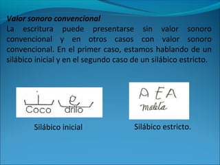 Valor sonoro convencional
La escritura puede presentarse sin valor sonoro
convencional y en otros casos con valor sonoro
convencional. En el primer caso, estamos hablando de un
silábico inicial y en el segundo caso de un silábico estricto.
Silábico inicial Silábico estricto.
 
