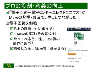 2021/8/21 Interface Device Laboratory, Kanazawa University http://ifdl.jp/
プロの役割・意義の向上
「電子回路－電子工作－エレクトロニクス」が
Makeの登場・普及で、やっとつながった
電子回路を勉強
机上の理論（←いままで）
＋Makeの実践（その裏づけ）
やってみると、怪しい知識の
限界に気づく
勉強したら、Makeで「生かせる」
 