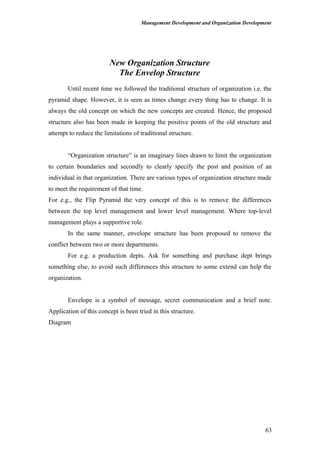 Management Development and Organization Development
New Organization Structure
The Envelop Structure
Until recent time we followed the traditional structure of organization i.e. the
pyramid shape. However, it is seen as times change every thing has to change. It is
always the old concept on which the new concepts are created. Hence, the proposed
structure also has been made in keeping the positive points of the old structure and
attempt to reduce the limitations of traditional structure.
“Organization structure” is an imaginary lines drawn to limit the organization
to certain boundaries and secondly to clearly specify the post and position of an
individual in that organization. There are various types of organization structure made
to meet the requirement of that time.
For e.g., the Flip Pyramid the very concept of this is to remove the differences
between the top level management and lower level management. Where top-level
management plays a supportive role.
In the same manner, envelope structure has been proposed to remove the
conflict between two or more departments.
For e.g. a production depts. Ask for something and purchase dept brings
something else, to avoid such differences this structure to some extend can help the
organization.
Envelope is a symbol of message, secret communication and a brief note.
Application of this concept is been tried in this structure.
Diagram
63
 