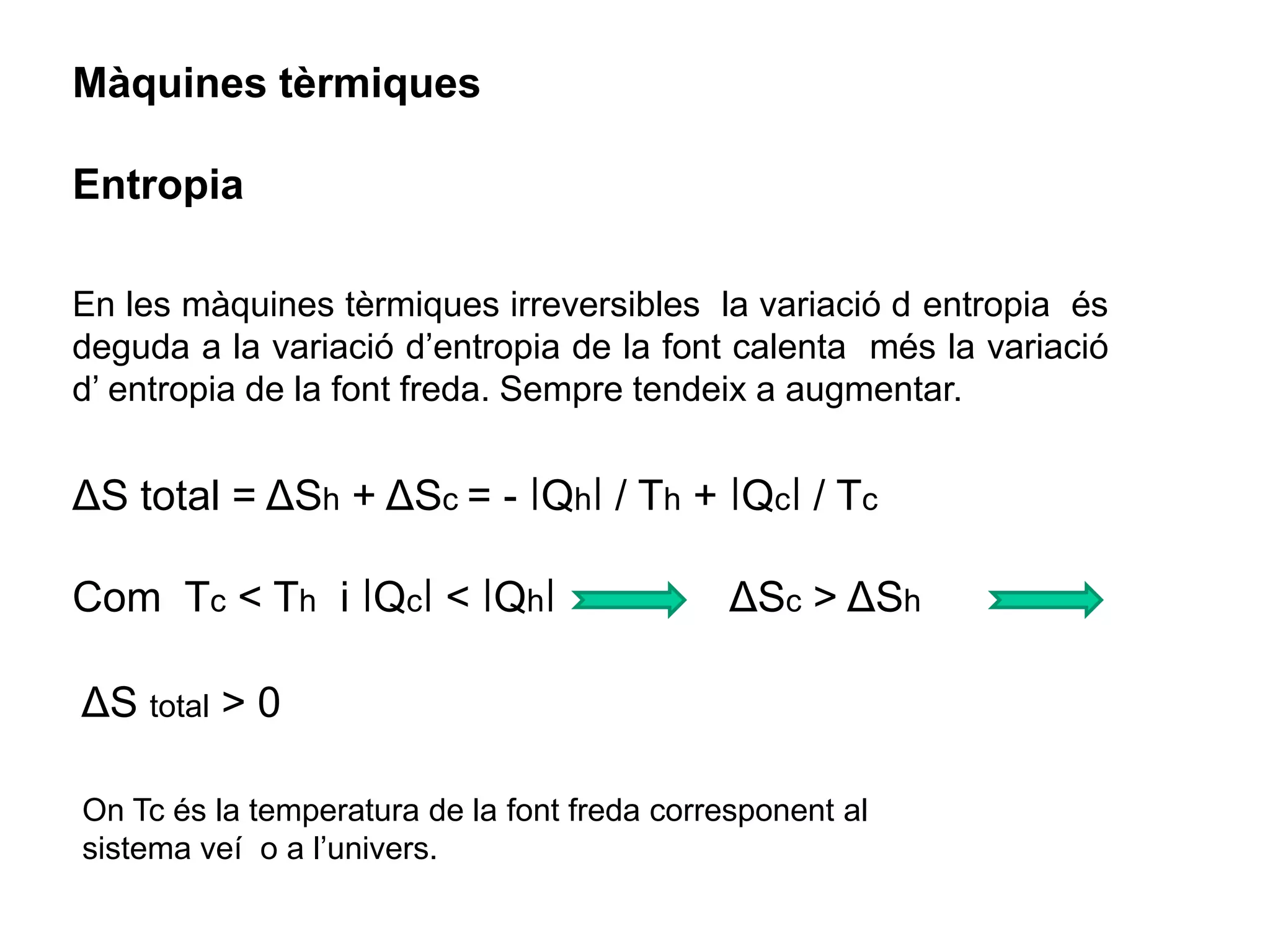 Màquines tèrmiques

Entropia

En les màquines tèrmiques irreversibles la variació d entropia és
deguda a la variació d’entropia de la font calenta més la variació
d’ entropia de la font freda. Sempre tendeix a augmentar.


ΔS total = ΔSh + ΔSc = - ǀQhǀ / Th + ǀQcǀ / Tc

Com Tc < Th i ǀQcǀ < ǀQhǀ                     ΔSc > ΔSh

ΔS total > 0

On Tc és la temperatura de la font freda corresponent al
sistema veí o a l’univers.
 